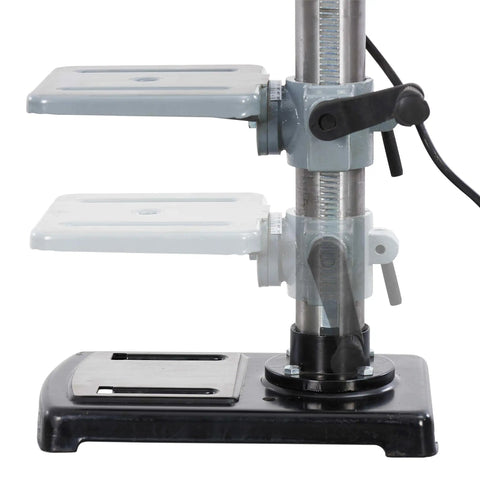 Heavy Duty Benchtop Drill Press Featuring A Spacious 10 Inch Chuck With 9 Adjustable Speeds And A Badass 5 Amp Motor That Knocks Precision Drilling Tasks Right Out Of The Park, showing tilting table and sturdy base.