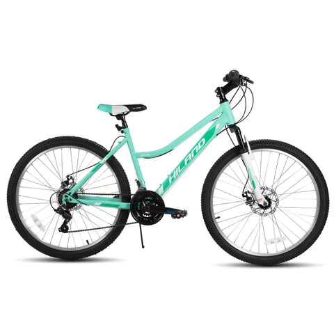 26 Inch Mountain Bike For Women And Men With Step Through Frame, 18 Speed Derailleur Gearing, Front Suspension Fork, Green Frame
