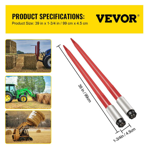 Beefy 39 Inch Hay Bale Spear With 3000 Lbs Capacity Quick Attach Square Hay Bale Fork For Buckets And Tractors Red Coated Steel
