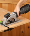 Powerful Compact Circular Saw With Laser Guide, 5.8 Amp, 3500 RPM, used for wood cutting, showing bevel up to 45 degrees.