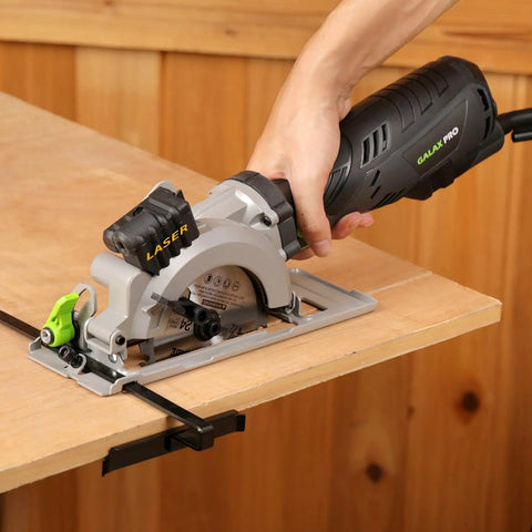 Powerful Compact Circular Saw With Laser Guide, 5.8 Amp, 3500 RPM, used for wood cutting, showing bevel up to 45 degrees.