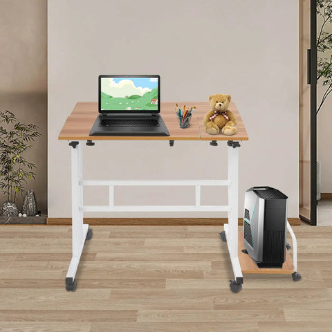 Effortless Folding Standing Desk With Smooth Rolling Casters And Tilted Writing Panels For Total Flex Work From Home Setup Featuring Quick Height Adjustments In Modern Light Walnut And White, showcasing laptop and decor items.