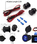 Heavy Duty 12V Usb Adapter With Dual 2.1A Fast Charge Ports And Glowing Blue Led Light Waterproof Plug For Car Truck Boat Rig, includes connectors and cables.