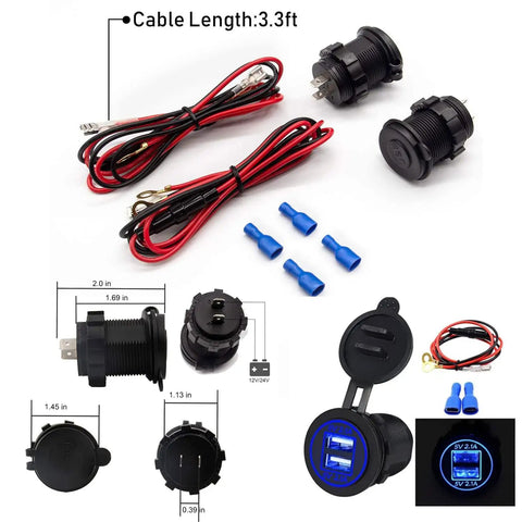 Heavy Duty 12V Usb Adapter With Dual 2.1A Fast Charge Ports And Glowing Blue Led Light Waterproof Plug For Car Truck Boat Rig, includes connectors and cables.