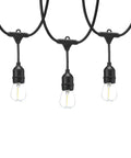 Outdoor LED String Lights 48 Feet With 16 Edison Style S14 2700K Soft White Bulbs On Black Cord For Patio Deck Or Backyard Vibe UL Listed Weatherproof And Long Lasting, showing close-up of 3 bulbs hanging on black cord.