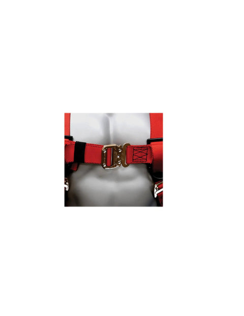 Chest buckle close-up of Premium EagleLite Harness With Tongue Buckles And 3 Steel D Rings For All Day Fall Protection On Construction And Industrial Jobsites
