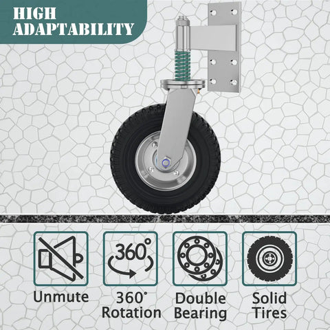 Six Inch Spring Loaded Gate Wheel For Metal Tubes And Wooden Gates, 700 Lb Capacity Heavy Duty Caster With 360 Degree Swivel, mounted view