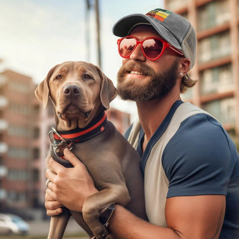 Person holding a dog, wearing All Day Cool Unisex Trucker Cap With Adjustable Buckle Fit For Any Head Perfect For Long Water Days Or Casual Outdoor Runs.