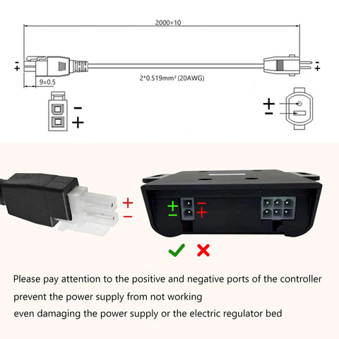 Beefy 29V Adjustable Bed Power Supply Replacement showing plug connections and cable dimensions diagram.