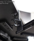 Detailed view of swivel clamps on the Rock Solid Slide Out Keyboard Tray For Corner Desk, highlighting sturdy ‘C’ clamps design.