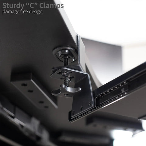 Detailed view of swivel clamps on the Rock Solid Slide Out Keyboard Tray For Corner Desk, highlighting sturdy ‘C’ clamps design.