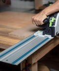 Person using 55 Inch Track Saw Guide Rail Joining Set for Makita and Festool including 55 inch extruded rail and tracksaw guide Wen kit.