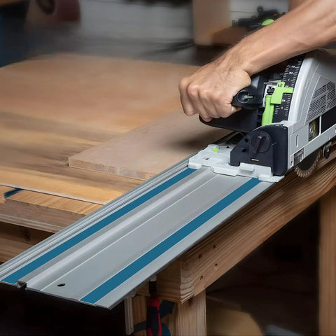 Person using 55 Inch Track Saw Guide Rail Joining Set for Makita and Festool including 55 inch extruded rail and tracksaw guide Wen kit.