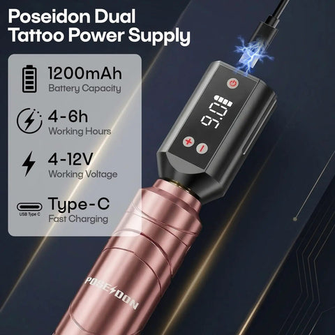 Wireless Tattoo Pen Kit For Beginners With Dual 1200mAh Batteries close-up, showing display and Type-C fast charging