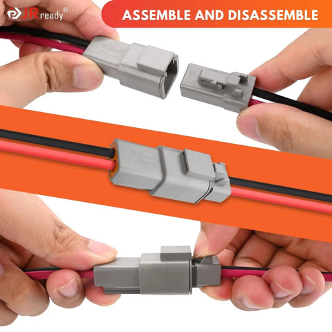 Hands holding DTP 2 Pin Wire Harness Connector Kit 10AWG UL3266 IP68 Waterproof Heavy Duty Automotive Electrical Connectors