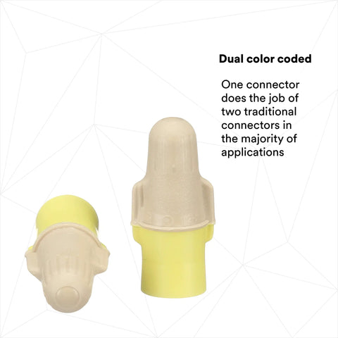 Close-up of Pro Grade dual color tan/yellow wire connector with flexible steel spring, demonstrating twist-on design.