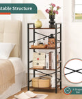 Compact 4 Tier Bookshelf Featuring Heavy Duty Metal Frame And Smooth Wood Shelves, displaying books and decor in a modern bedroom.