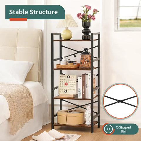 Compact 4 Tier Bookshelf Featuring Heavy Duty Metal Frame And Smooth Wood Shelves, displaying books and decor in a modern bedroom.