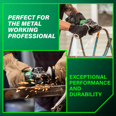 Cordless 18V 4-1/2 Inch Angle Grinder Kit with Slide Switch cutting metal with sparks flying, showcasing durability