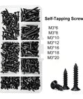500 Pieces M3 Wood Screws Pan Round Head Black Self Tapping For Wood And Plastic in storage box with size chart