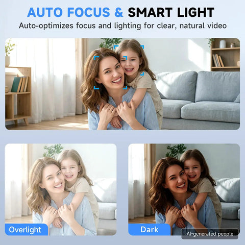 4K Webcam For PC With Built In Microphone, Legit Crisp Visuals, Smooth Autofocus Lens, demonstrating auto focus in varying light conditions.