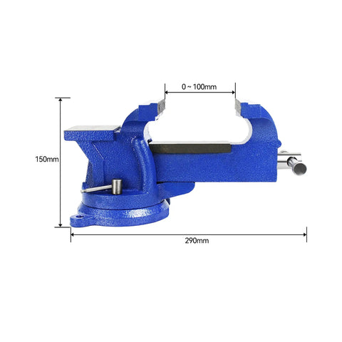 Heavy Duty 5 Inch Bench Vise With 360 Degree Swivel Locking Base Desktop Clamp, side view with dimensions shown