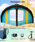 Inflatable Wind Foil Wing For Wingfoiling And Hydrofoil Boards With Handheld Sail And Repair Kit Ultra Lightweight Build Using High Tenacity Polyester Ripstop Three Size Options 4m 5m 6m For Beginners To Pros In Outdoor Water Sports image showing teal and yellow wing with accessories.