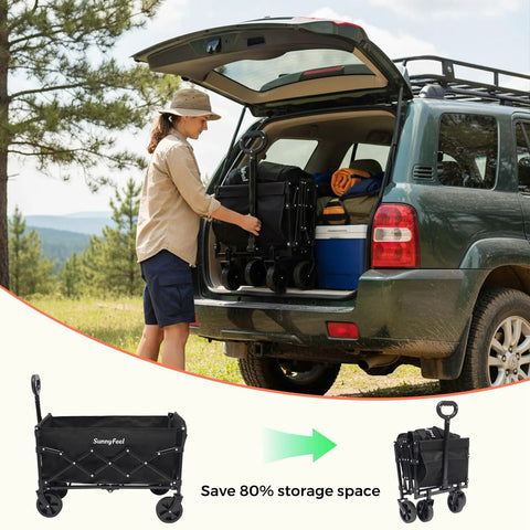 Person loading a Heavy Duty Foldable Wagon Cart With Tailgate Extension For Extra Space 330 Lb Capacity into an SUV trunk.
