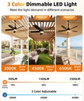 Three settings for 36 Inch Outdoor Ceiling Fan With Light And Remote, Wet Rated For Patios And Porches, with dimmable LED light options.