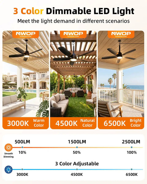 Three settings for 36 Inch Outdoor Ceiling Fan With Light And Remote, Wet Rated For Patios And Porches, with dimmable LED light options.