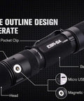 Diagram of E9R G4 Tactical Flashlight 2550 Lumen Rechargeable LED, showing components and features labeled on a black background.