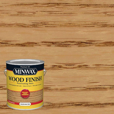 Premium Golden Oak Oil Based Wood Stain 1 Gallon Semi Transparent Penetrating Formula with wood grain background.