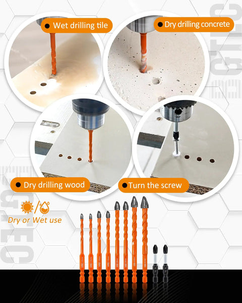 Tough As Nails Workhorse Masonry Drill Bit Set 10 Piece Carbide Kit with various applications for wet and dry drilling.