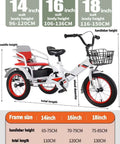 Size chart for dual rider trike with rear passenger seat showing frame and wheel measurements for 14, 16, and 18 inch sizes.