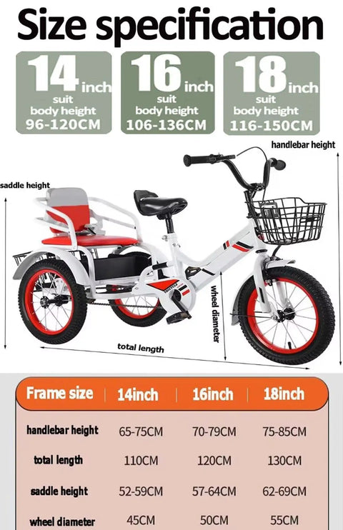 Size chart for dual rider trike with rear passenger seat showing frame and wheel measurements for 14, 16, and 18 inch sizes.