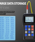 Portable Metal Hardness Tester With 170 To 960 HLD Range displaying data storage capacity and digital interface on screen.