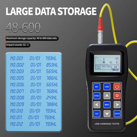 Portable Metal Hardness Tester With 170 To 960 HLD Range displaying data storage capacity and digital interface on screen.