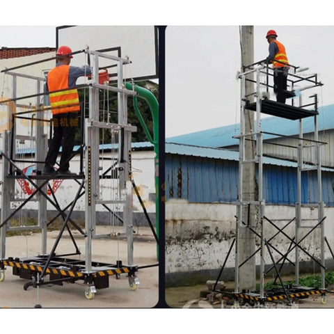 Beefy Electric Scaffolding Lift Platform Heavy Duty Galvanized Steel Mobile Aerial Work Cart shown in use at heights.
