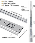 16 Inch Soft Close Drawer Slides Set Of 6 Pairs Full Extension Ball Bearing Slides With Side Mount And 100 Lb Capacity, showing dimensions and features