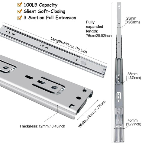 16 Inch Soft Close Drawer Slides Set Of 6 Pairs Full Extension Ball Bearing Slides With Side Mount And 100 Lb Capacity, showing dimensions and features