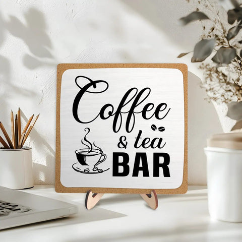 Rustic Coffee And Tea Bar Decor Sign Dope Wooden Plaque For Cafe Bar Or Coffee Station Or Shelf Farmhouse Kitchen Vibe And Tea Accessories For Home Or Office 5.9 By 5.9 Inches White And Brown on display with wooden stand
