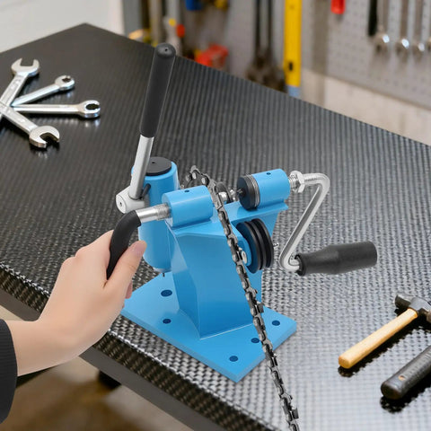Person using blue Chainsaw Chain Breaker And Rivet Link Breaker Benchtop Tool 2 In One Chain Saw Link Breaker on workbench
