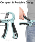 Two Pack Hand Grip Strength Trainer With Adjustable Resistance 10 To 130 Lbs, size shown and pocket portability illustration.