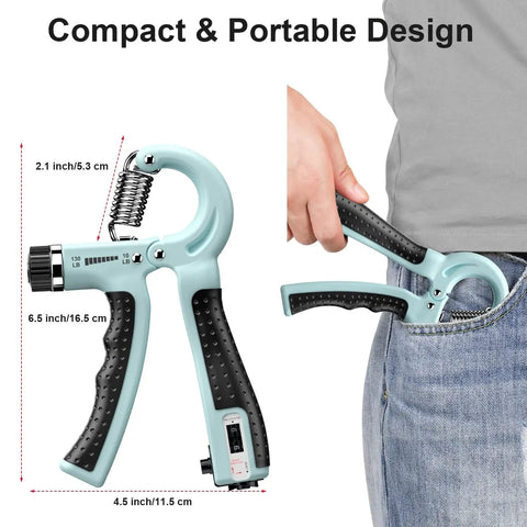 Two Pack Hand Grip Strength Trainer With Adjustable Resistance 10 To 130 Lbs, size shown and pocket portability illustration.