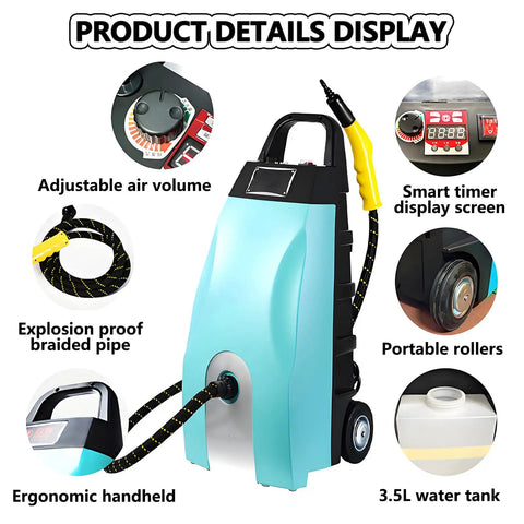 3.5L High Temp Steam Cleaner With Ozone Function 3000W showing adjustable air volume, smart timer, and portable rollers.