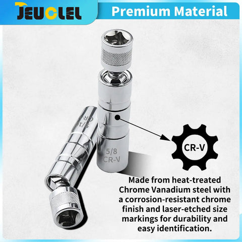 Magnetic Swivel Spark Plug Socket Set 3/8 Inch Drive 12 Point With Extension Kit Includes 14mm Four Inch Thin Wall 9/16 Inch Six Inch And 5/8 Inch Ten Inch Extensions For Quick Auto Fixes. CR-V chrome swivel sockets on white background