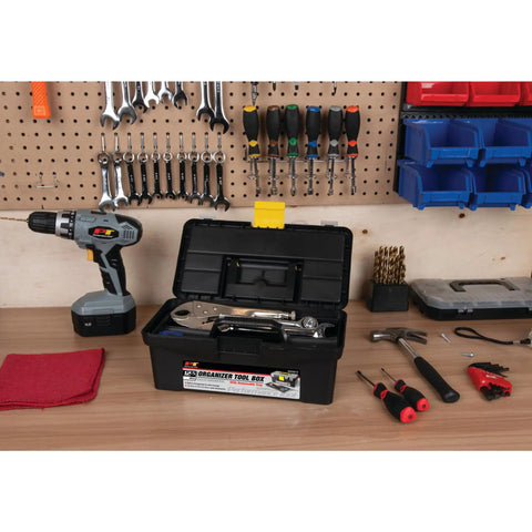 Heavy Duty Plastic Organizer Box For Workshops And Garages With Removable Tray And Lid Durable Tool Storage Solution In Black 12 Inch Perfect For Tools Hardware Parts And Gear in a workshop setting with tools