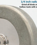 Close-up of 4 In 1 Grinding Wheel Pro Grade For Sharpening Woodturning Tools And High Speed Steel Blades with 1/4 inch radius edge.