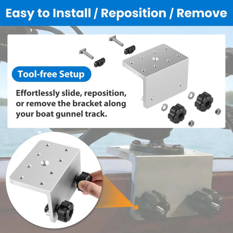 2 Pack 90 Degree Boat Gunnel Track Mount Brackets for Rod Holders, Downriggers, Fish Finders and Marine Accessories, Aluminum Mounting Bases for Anglers, Easy DIY Boat Rig Up and Extra Mounting Spots. Silver aluminum boat gunnel bracket with track bolts and knobs