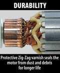 Internal view of motor with zig-zag varnish, highlighting durability of 7 Inch Angle Grinder With Trigger Switch And 15 Amp Power Rotatable Gear Housing Every 90 Degrees Dust Sealed Armature For Longer Life Toolless Wheel Guard AC DC Switch Renewed Heavy Duty Workhorse.